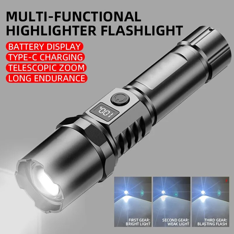 Photography Ratio - ไฟฉาย LED XHP100พลังสูงชาร์จไฟได้ไฟฉายปรับระดับดิจิตอลซูม USB สำหรับตั้งแคมป์กลางแจ้งและโผล่ออกมา